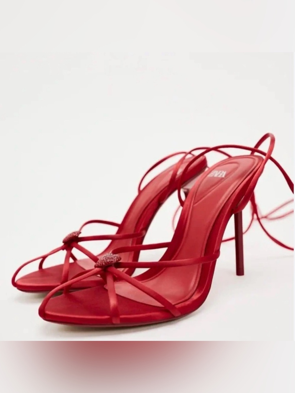 Zara Red High Heel sandals with heart detail and ankle ties